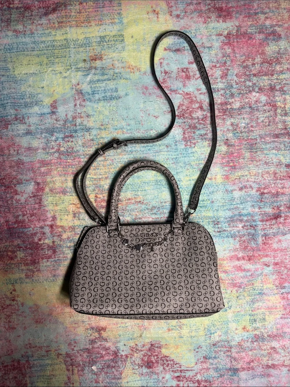 Guess Monogram Satchel in Taupe and Black